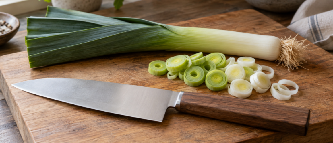 Prei en preiringen naast een keukenmes op een houten plank