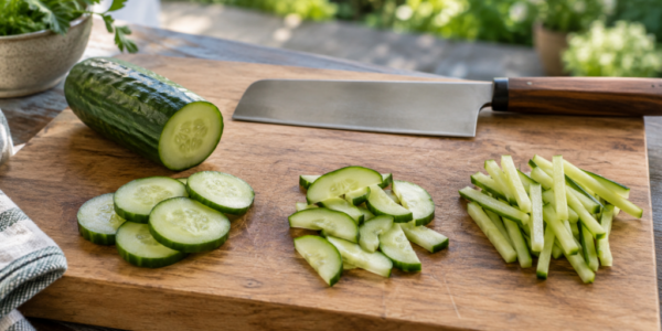 Komkommer snijden met een Nakiri: drie vormen voor salade en bijgerecht