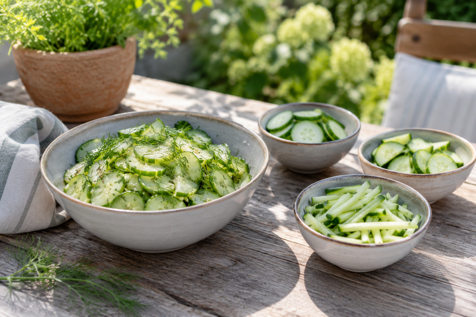 Komkommersalade en schaaltjes met verschillende snijvormen